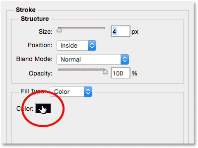Clicking the color swatch to change the color of the stroke. Image © 2014 Photoshop Essentials.com.