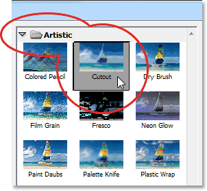 Selecting the Cutout filter from the Artistic category in the Filter Gallery. Image © 2013 Photoshop Essentials.com