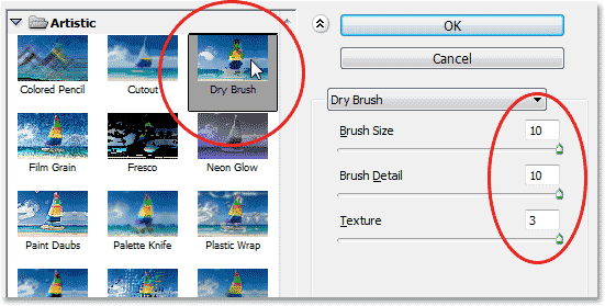 The Dry Brush options in the Filter Gallery in Photoshop CS6. Image © 2013 Photoshop Essentials.com