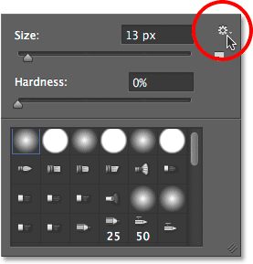 Clicking the menu icon in the Brush Preset picker in Photoshop. 