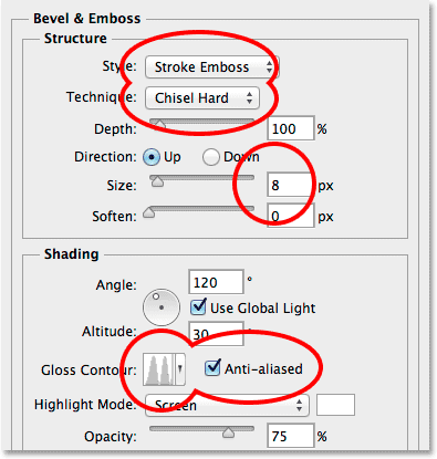 The Bevel and Emboss options for the stroke. 