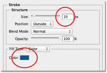 The Stroke options in the Layer Style dialog box in Photoshop.