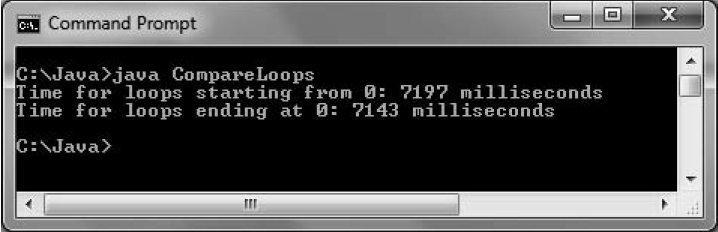 (تصویر 6.22 : اجرای اپلیکیشن CompareLoops) اجرای اپلیکیشن CompareLoops در بهبود عملکرد حلقه ها در جاوا