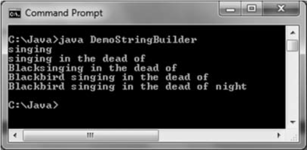 (تصویر 7.18 : خروجی برنامه ی DemoStringBuilder ) خروجی اپلیکیشن متدهای StringBuilder در جاوا