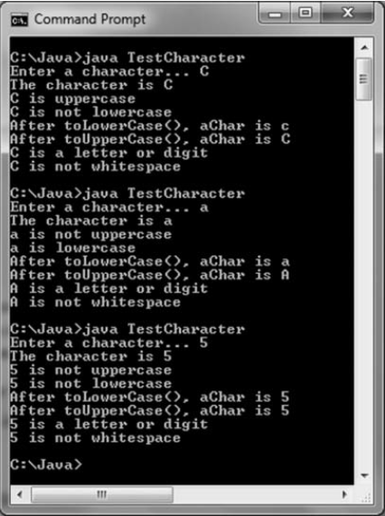 (تصویر 7.4 : سه اجرای نمونه از اپلیکیشن TestCharacter) اجرای یک اپلیکیشن در کار با کاراکترها در جاوا