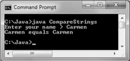 (تصویر 7.7 : خروجی اپلیکیشن CompareStrings) خروجی یک برنامه در کار با آبجکت String در جاوا